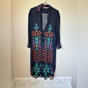 Zara navy blue tribal print with metallic gold thread button down duster shirt s